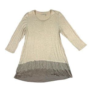 LOGO Lori Goldstein Tunic Top Womens Sz L Satin Lace Hem Oatmeal Boho *TINY FLAW